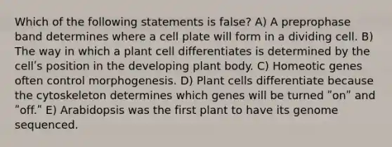 Which of the following statements is false? A) A preprophase band determines where a cell plate will form in a dividing cell. B) The way in which a plant cell differentiates is determined by the cellʹs position in the developing plant body. C) Homeotic genes often control morphogenesis. D) Plant cells differentiate because the cytoskeleton determines which genes will be turned ʺonʺ and ʺoff.ʺ E) Arabidopsis was the first plant to have its genome sequenced.