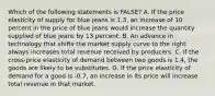 Which of the following statements is FALSE? A. If the price elasticity of supply for blue jeans is 1.3, an increase of 10 percent in the price of blue jeans would increase the quantity supplied of blue jeans by 13 percent. B. An advance in technology that shifts the market supply curve to the right always increases total revenue received by producers. C. If the cross-price elasticity of demand between two goods is 1.4, the goods are likely to be substitutes. D. If the price elasticity of demand for a good is -0.7, an increase in its price will increase total revenue in that market.