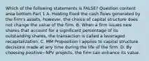 Which of the following statements is​ FALSE? Question content area bottom Part 1 A. Holding fixed the cash flows generated by the​ firm's assets,​ however, the choice of capital structure does not change the value of the firm. B. When a firm issues new shares that account for a significant percentage of its outstanding​ shares, the transaction is called a leveraged recapitalization. C. MM Proposition I applies to capital structure decisions made at any time during the life of the firm. D. By choosing positive−NPV ​projects, the firm can enhance its value.