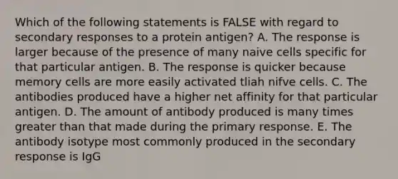 Which of the following statements is FALSE with regard to secondary responses to a protein antigen? A. The response is larger because of the presence of many naive cells specific for that particular antigen. B. The response is quicker because memory cells are more easily activated tliah nifve cells. C. The antibodies produced have a higher net affinity for that particular antigen. D. The amount of antibody produced is many times greater than that made during the primary response. E. The antibody isotype most commonly produced in the secondary response is IgG