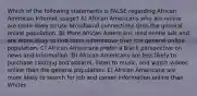 Which of the following statements is FALSE regarding African American Internet usage? A) African Americans who are online are more likely to use broadband connections than the general online population. B) More African Americans read online ads and are more likely to find them informative than the general online population. C) African Americans prefer a Black perspective on news and information. D) African Americans are less likely to purchase clothing and apparel, listen to music, and watch videos online than the general population. E) African Americans are more likely to search for job and career information online than Whites.