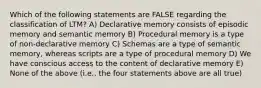 Which of the following statements are FALSE regarding the classification of LTM? A) Declarative memory consists of episodic memory and semantic memory B) Procedural memory is a type of non-declarative memory C) Schemas are a type of semantic memory, whereas scripts are a type of procedural memory D) We have conscious access to the content of declarative memory E) None of the above (i.e., the four statements above are all true)