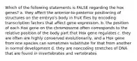 Which of the following statements is FALSE regarding the hox genes? a. they affect the anterior-to-posterior positioning of structures on the embryo's body in fruit flies by encoding transcription factors that affect gene expression. b. the position of each Hox gene on the chromosome often corresponds to the relative position of the body part that Hox gene regulates c. they are often are highly conserved evolutionarily, and a Hox gene from one species can sometimes substitute for that from another in normal development d. they are noncoding stretches of DNA that are found in invertebrates and vertebrates