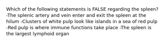 Which of the following statements is FALSE regarding the spleen? -The splenic artery and vein enter and exit the spleen at the hilum -Clusters of white pulp look like islands in a sea of red pulp -Red pulp is where immune functions take place -The spleen is the largest lymphoid organ