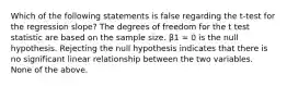 Which of the following statements is false regarding the t-test for the regression slope? The degrees of freedom for the t test statistic are based on the sample size. β1 = 0 is the null hypothesis. Rejecting the null hypothesis indicates that there is no significant linear relationship between the two variables. None of the above.