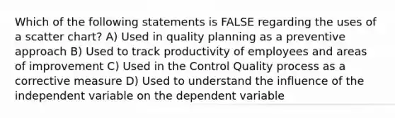 Which of the following statements is FALSE regarding the uses of a scatter chart? A) Used in quality planning as a preventive approach B) Used to track productivity of employees and areas of improvement C) Used in the Control Quality process as a corrective measure D) Used to understand the influence of the independent variable on the dependent variable