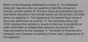 Which of the following statements is false? A. The Sarbanes-Oxley Act requires external auditors to test the company's internal control system. B. The four financial statements are the only items required in the annual report sent to the SEC; all other items are optional. C. The opportunity to commit fraud exists if there are weak internal controls. D. The Sarbanes-Oxley Act (SOX) requires the company's board of directors to establish an audit committee of independent directors to oversee the financial matters of the company. E. The board of directors of a company uses financial accounting in their role in governance of management.