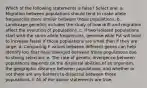 Which of the following statements is false? Select one: a. Migration between populations should tend to make allele frequencies more similar between those populations. b. Landscape genetics includes the study of how drift and migration affect the evolution of populations. c. If two isolated populations start with the same allele frequencies, genome-wide Fst will tend to increase faster if those populations are small than if they are large. d. Comparing F values between different genes can help identify loci that have diverged between those populations due to strong selection. e. The rate of genetic divergence between populations depends on the dispersal abilities of an organism, the geographic distance between populations, and whether or not there are any barriers to dispersal between those populations. f. All of the above statements are true.