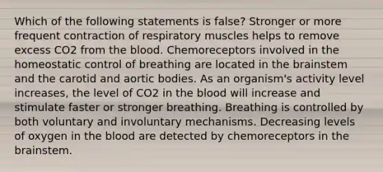 Which of the following statements is false? Stronger or more frequent contraction of respiratory muscles helps to remove excess CO2 from the blood. Chemoreceptors involved in the homeostatic control of breathing are located in the brainstem and the carotid and aortic bodies. As an organism's activity level increases, the level of CO2 in the blood will increase and stimulate faster or stronger breathing. Breathing is controlled by both voluntary and involuntary mechanisms. Decreasing levels of oxygen in the blood are detected by chemoreceptors in the brainstem.