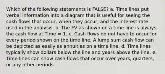 Which of the following statements is FALSE? a. Time lines put verbal information into a diagram that is useful for seeing the cash flows that occur, when they occur, and the interest rate used in the analysis. b. The FV as shown on a time line is always the cash flow at Time = 1. c. Cash flows do not have to occur for every period shown on the time line. A lump sum cash flow can be depicted as easily as annuities on a time line. d. Time lines typically show dollars below the line and years above the line. e. Time lines can show cash flows that occur over years, quarters, or any other periods.