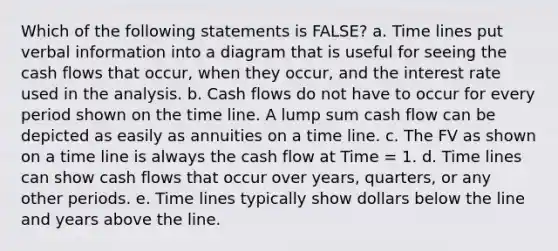 Which of the following statements is FALSE? a. Time lines put verbal information into a diagram that is useful for seeing the cash flows that occur, when they occur, and the interest rate used in the analysis. b. Cash flows do not have to occur for every period shown on the time line. A lump sum cash flow can be depicted as easily as annuities on a time line. c. The FV as shown on a time line is always the cash flow at Time = 1. d. Time lines can show cash flows that occur over years, quarters, or any other periods. e. Time lines typically show dollars below the line and years above the line.