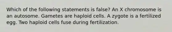 Which of the following statements is false? An X chromosome is an autosome. Gametes are haploid cells. A zygote is a fertilized egg. Two haploid cells fuse during fertilization.