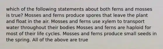 which of the following statements about both ferns and mosses is true? Mosses and ferns produce spores that leave the plant and float in the air. Mosses and ferns use xylem to transport water throughout their bodies Mosses and ferns are haploid for most of their life cycles. Mosses and ferns produce small seeds in the spring. All of the above are true