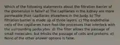 Which of the following statements about the filtration barrier of the glomerulus is false? a) The capillaries in the kidney are more permeable than capillaries elsewhere in the body. b) The filtration barrier is made up of three layers. c) The endothelial cells of the capillaries have foot-like processes that interlock with the surrounding podocytes. d) The filter allows the passage of small molecules, but blocks the passage of cells and proteins. e) None of the other answer options is false.