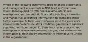 Which of the following statements about financial accountants and management accountants is NOT true? A. Owners use information supplied by both financial accountants and management accountants. B. Financial accounting information and managerial accounting information help managers make better decisions. C. Both supply information to the company's various stakeholders: investors, creditors, government agencies, suppliers, and labor unions. D. Both financial accountants and management accountants prepare, analyze, and communicate information. E. Both supply information to internal users (those in the organization).