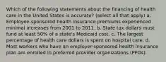 Which of the following statements about the financing of health care in the United States is accurate? (select all that apply) a. Employee-sponsored health insurance premiums experienced minimal increases from 2001 to 2011. b. State tax dollars must fund at least 50% of a state's Medicaid cost. c. The largest percentage of health care dollars is spent on hospital care. d. Most workers who have an employer-sponsored health insurance plan are enrolled in preferred provider organizations (PPOs).