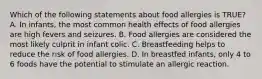 Which of the following statements about food allergies is TRUE? A. In infants, the most common health effects of food allergies are high fevers and seizures. B. Food allergies are considered the most likely culprit in infant colic. C. Breastfeeding helps to reduce the risk of food allergies. D. In breastfed infants, only 4 to 6 foods have the potential to stimulate an allergic reaction.