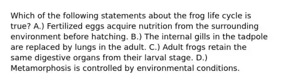 Which of the following statements about the frog life cycle is true? A.) Fertilized eggs acquire nutrition from the surrounding environment before hatching. B.) The internal gills in the tadpole are replaced by lungs in the adult. C.) Adult frogs retain the same digestive organs from their larval stage. D.) Metamorphosis is controlled by environmental conditions.