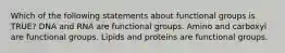 Which of the following statements about functional groups is TRUE? DNA and RNA are functional groups. Amino and carboxyl are functional groups. Lipids and proteins are functional groups.