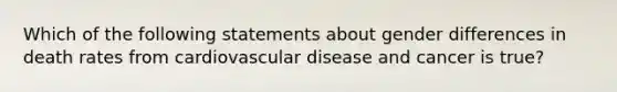 Which of the following statements about gender differences in death rates from cardiovascular disease and cancer is true?