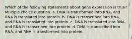 Which of the following statements about gene expression is true? Multiple choice question. a. DNA is transformed into RNA, and RNA is translated into protein. b. DNA is transcribed into RNA, and RNA is translated into protein. c. DNA is translated into RNA, and RNA is transcribed into protein. d. DNA is transcribed into RNA, and RNA is transformed into protein.