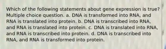 Which of the following statements about gene expression is true? Multiple choice question. a. DNA is transformed into RNA, and RNA is translated into protein. b. DNA is transcribed into RNA, and RNA is translated into protein. c. DNA is translated into RNA, and RNA is transcribed into protein. d. DNA is transcribed into RNA, and RNA is transformed into protein.