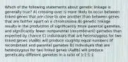 Which of the following statements about genetic linkage is generally true? A) crossing over is more likely to occur between linked genes that are close to one another than between genes that are farther apart on a chromosome B) genetic linkage results in the production of significantly more parental gametes, and significantly fewer nonparental (recombinant) gametes than expected by chance C) individuals that are heterozygous for two linked genes (AaBb) will produce roughtly equal numbers of recombinant and parental gametes D) individuals that are heterozygous for two linked genes (AaBb) will produce genetically different gametes in a ratio of 1:1:1:1