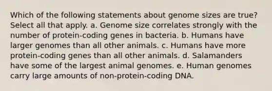 Which of the following statements about genome sizes are true? Select all that apply. a. Genome size correlates strongly with the number of protein-coding genes in bacteria. b. Humans have larger genomes than all other animals. c. Humans have more protein-coding genes than all other animals. d. Salamanders have some of the largest animal genomes. e. Human genomes carry large amounts of non-protein-coding DNA.