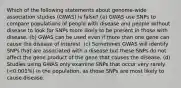 Which of the following statements about genome-wide association studies (GWAS) is false? (a) GWAS use SNPs to compare populations of people with disease and people without disease to look for SNPs more likely to be present in those with disease. (b) GWAS can be used even if more than one gene can cause the disease of interest. (c) Sometimes GWAS will identify SNPs that are associated with a disease but these SNPs do not affect the gene product of the gene that causes the disease. (d) Studies using GWAS only examine SNPs that occur very rarely (<0.001%) in the population, as those SNPs are most likely to cause disease.