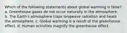 Which of the following statements about global warming is false? a. Greenhouse gases do not occur naturally in the atmosphere. b. The Earth's atmosphere traps longwave radiation and heats the atmosphere. c. Global warming is a result of the greenhouse effect. d. Human activities magnify the greenhouse effect.