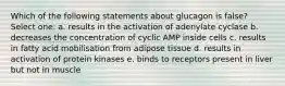 Which of the following statements about glucagon is false? Select one: a. results in the activation of adenylate cyclase b. decreases the concentration of cyclic AMP inside cells c. results in fatty acid mobilisation from adipose tissue d. results in activation of protein kinases e. binds to receptors present in liver but not in muscle