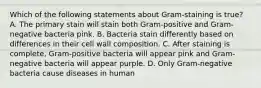 Which of the following statements about Gram-staining is true? A. The primary stain will stain both Gram-positive and Gram-negative bacteria pink. B. Bacteria stain differently based on differences in their cell wall composition. C. After staining is complete, Gram-positive bacteria will appear pink and Gram-negative bacteria will appear purple. D. Only Gram-negative bacteria cause diseases in human