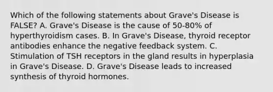 Which of the following statements about Grave's Disease is FALSE? A. Grave's Disease is the cause of 50-80% of hyperthyroidism cases. B. In Grave's Disease, thyroid receptor antibodies enhance the negative feedback system. C. Stimulation of TSH receptors in the gland results in hyperplasia in Grave's Disease. D. Grave's Disease leads to increased synthesis of thyroid hormones.