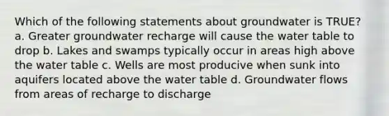 Which of the following statements about groundwater is TRUE? a. Greater groundwater recharge will cause <a href='https://www.questionai.com/knowledge/kra6qgcwqy-the-water-table' class='anchor-knowledge'>the water table</a> to drop b. Lakes and swamps typically occur in areas high above the water table c. Wells are most producive when sunk into aquifers located above the water table d. Groundwater flows from areas of recharge to discharge