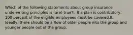 Which of the following statements about group insurance underwriting principles is (are) true?I. If a plan is contributory, 100 percent of the eligible employees must be covered.II. Ideally, there should be a flow of older people into the group and younger people out of the group.