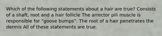 Which of the following statements about a hair are true? Consists of a shaft, root and a hair follicle The arrector pili muscle is responsible for "goose bumps". The root of a hair penetrates the dermis All of these statements are true.