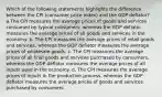 Which of the following statements highlights the difference between the CPI (consumer price index) and the GDP deflator? a.The CPI measures the average prices of goods and services consumed by typical consumers, whereas the GDP deflator measures the average prices of all goods and services in the economy. b. The CPI measures the average prices of retail goods and services, whereas the GDP deflator measures the average prices of wholesale goods. c. The CPI measures the average prices of all final goods and services purchased by consumers, whereas the GDP deflator measures the average prices of all inputs used in the economy. d. The CPI measures the average prices of inputs in the production process, whereas the GDP deflator measures the average prices of goods and services purchased by consumers.