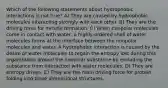 Which of the following statements about hydrophobic interactions is not true? A) They are caused by hydrophobic molecules interacting strongly with each other. B) They are the driving force for micelle formation. C) When nonpolar molecules come in contact with water, a highly-ordered shell of water molecules forms at the interface between the nonpolar molecules and water. A hydrophobic interaction is caused by the desire of water molecules to regain the entropy lost during this organization around the nonpolar substance by excluding the substance from interaction with water molecules. D) They are entropy driven. E) They are the main driving force for protein folding into three dimensional structures.