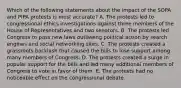 Which of the following statements about the impact of the SOPA and PIPA protests is most accurate? A. The protests led to congressional ethics investigations against three members of the House of Representatives and two senators. B. The protests led Congress to pass new laws outlawing political action by search engines and social networking sites. C. The protests created a grassroots backlash that caused the bills to lose support among many members of Congress. D. The protests created a surge in popular support for the bills and led many additional members of Congress to vote in favor of them. E. The protests had no noticeable effect on the congressional debate.