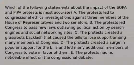 Which of the following statements about the impact of the SOPA and PIPA protests is most accurate? A. The protests led to congressional ethics investigations against three members of the House of Representatives and two senators. B. The protests led Congress to pass new laws outlawing political action by search engines and social networking sites. C. The protests created a grassroots backlash that caused the bills to lose support among many members of Congress. D. The protests created a surge in popular support for the bills and led many additional members of Congress to vote in favor of them. E. The protests had no noticeable effect on the congressional debate.