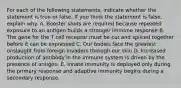 For each of the following statements, indicate whether the statement is true or false. If you think the statement is false, explain why. A. Booster shots are required because repeated exposure to an antigen builds a stronger immune response B. The gene for the T cell receptor must be cut and spliced together before it can be expressed C. Our bodies face the greatest onslaught from foreign invaders through our skin D. Increased production of antibody in the immune system is driven by the presence of antigen. E. Innate immunity is deployed only during the primary response and adaptive immunity begins during a secondary response.