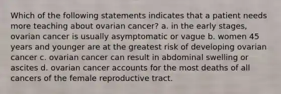 Which of the following statements indicates that a patient needs more teaching about ovarian cancer? a. in the early stages, ovarian cancer is usually asymptomatic or vague b. women 45 years and younger are at the greatest risk of developing ovarian cancer c. ovarian cancer can result in abdominal swelling or ascites d. ovarian cancer accounts for the most deaths of all cancers of the female reproductive tract.