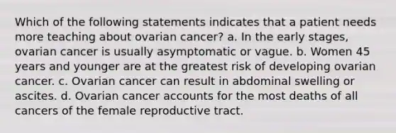 Which of the following statements indicates that a patient needs more teaching about ovarian cancer? a. In the early stages, ovarian cancer is usually asymptomatic or vague. b. Women 45 years and younger are at the greatest risk of developing ovarian cancer. c. Ovarian cancer can result in abdominal swelling or ascites. d. Ovarian cancer accounts for the most deaths of all cancers of the female reproductive tract.