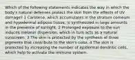 Which of the following statements indicates the way in which the body's natural defenses protect the skin from the effects of UV damage? 1 Carotene, which accumulates in the stratum corneum and hypodermal adipose tissue, is synthesized in large amounts in the presence of sunlight. 2 Prolonged exposure to the sun induces melanin dispersion, which in turn acts as a natural sunscreen. 3 The skin is protected by the synthesis of three pigments that contribute to the skin's color. 4 The skin is protected by increasing the number of epidermal dendritic cells, which help to activate the immune system.