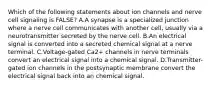 Which of the following statements about ion channels and nerve cell signaling is FALSE? A.A synapse is a specialized junction where a nerve cell communicates with another cell, usually via a neurotransmitter secreted by the nerve cell. B.An electrical signal is converted into a secreted chemical signal at a nerve terminal. C.Voltage-gated Ca2+ channels in nerve terminals convert an electrical signal into a chemical signal. D.Transmitter-gated ion channels in the postsynaptic membrane convert the electrical signal back into an chemical signal.