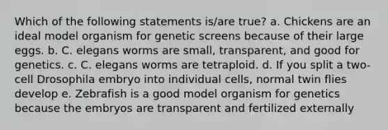 Which of the following statements is/are true? a. Chickens are an ideal model organism for genetic screens because of their large eggs. b. C. elegans worms are small, transparent, and good for genetics. c. C. elegans worms are tetraploid. d. If you split a two-cell Drosophila embryo into individual cells, normal twin flies develop e. Zebrafish is a good model organism for genetics because the embryos are transparent and fertilized externally