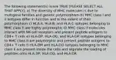 The following statement(s) is/are TRUE [PLEASE SELECT ALL THAT APPLY]: a) The diversity of MHC molecules is due to multigene families and genetic polymorphism b) MHC class I and II isotypes differ in function and in the extent of their polymorphism c) HLA-A, HLA-B, and HLA-C isotypes belonging to MHC class II are highly polymorphic d) MHC class II molecules interact with NK-cell receptors and present peptide antigens to CD8+ T cells e) HLA-DP, HLA-DQ, and HLA-DR isotypes belonging to MHC class II are polymorphic and present peptide antigens to CD4+ T cells f) HLA-DM and HLA-DO isotypes belonging to MHC class II are present inside the cells and regulate the loading of peptides onto HLA-DP, HLA-DQ, and HLA-DR