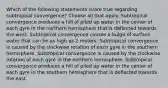 Which of the following statements is/are true regarding subtropical convergence? Choose all that apply. Subtropical convergence produces a hill of piled up water in the center of each gyre in the northern hemisphere that is deflected towards the west. Subtropical convergence causes a bulge of surface water that can be as high as 2 meters. Subtropical convergence is caused by the clockwise rotation of each gyre in the southern hemisphere. Subtropical convergence is caused by the clockwise rotation of each gyre in the northern hemisphere. Subtropical convergence produces a hill of piled up water in the center of each gyre in the southern hemisphere that is deflected towards the east.