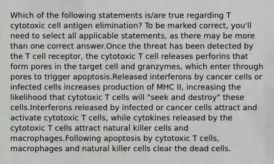 Which of the following statements is/are true regarding T cytotoxic cell antigen elimination? To be marked correct, you'll need to select all applicable statements, as there may be more than one correct answer.Once the threat has been detected by the T cell receptor, the cytotoxic T cell releases perforins that form pores in the target cell and granzymes, which enter through pores to trigger apoptosis.Released interferons by cancer cells or infected cells increases production of MHC II, increasing the likelihood that cytotoxic T cells will "seek and destroy" these cells.Interferons released by infected or cancer cells attract and activate cytotoxic T cells, while cytokines released by the cytotoxic T cells attract natural killer cells and macrophages.Following apoptosis by cytotoxic T cells, macrophages and natural killer cells clear the dead cells.