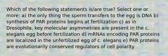 Which of the following statements is/are true? Select one or more: a) the only thing the sperm transfers to the egg is DNA b) synthesis of PAR proteins begins at fertilization c) as in Drosophila, key molecular asymmetries are present in the c. elegans egg before fertilization d) mRNAs encoding PAR proteins are localized in the unfertilized egg of c. elegans e) PAR proteins are evolutionarily conserved regulators of cell polarity